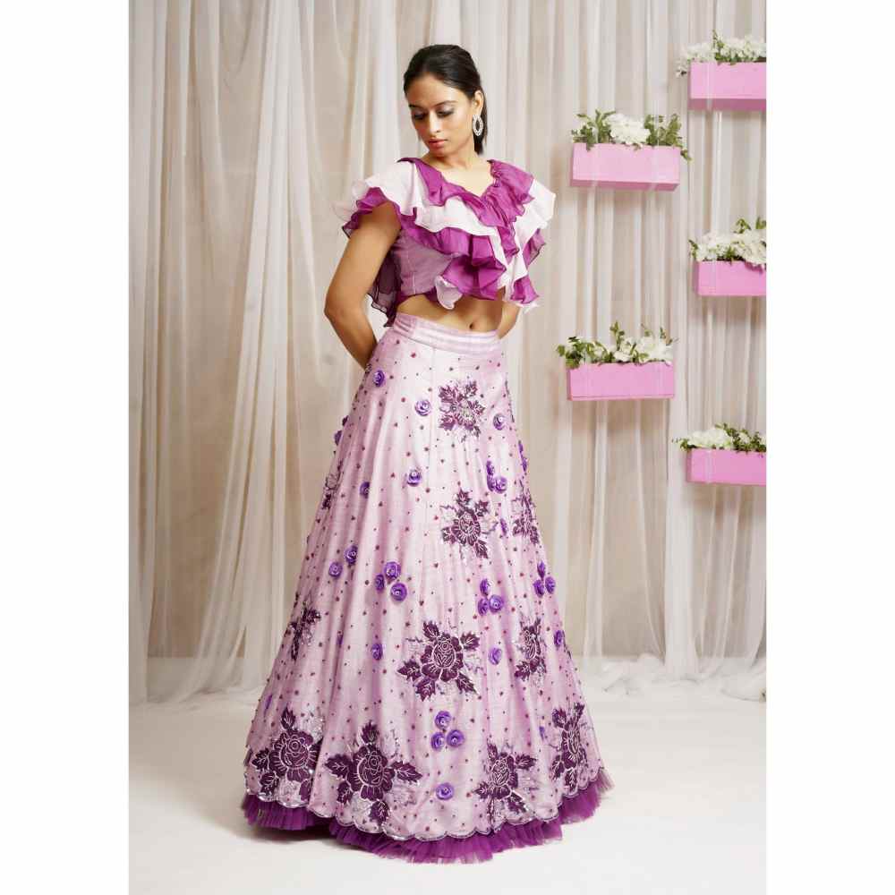 Farha Syed Periwinkle Hand Embroidered Top with Lehenga Skirt (Set of 2)