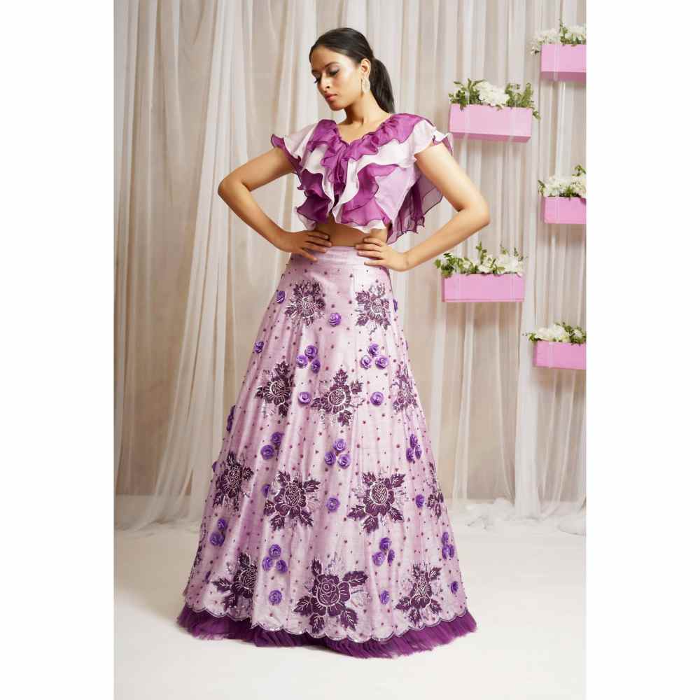 Farha Syed Periwinkle Hand Embroidered Top with Lehenga Skirt (Set of 2)