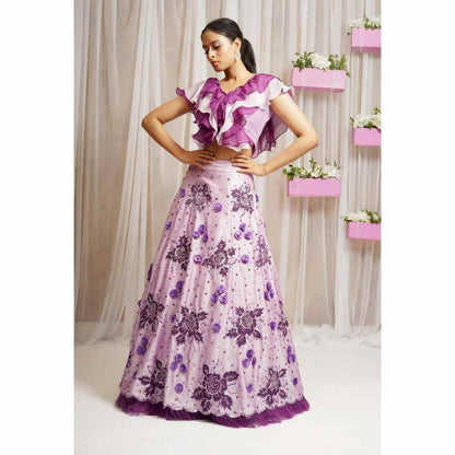 Farha Syed Periwinkle Hand Embroidered Top with Lehenga Skirt (Set of 2)