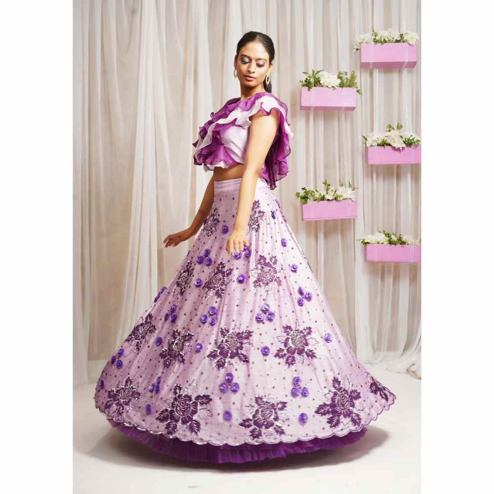 Farha Syed Periwinkle Hand Embroidered Top with Lehenga Skirt (Set of 2)