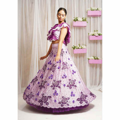 Farha Syed Periwinkle Hand Embroidered Top with Lehenga Skirt (Set of 2)
