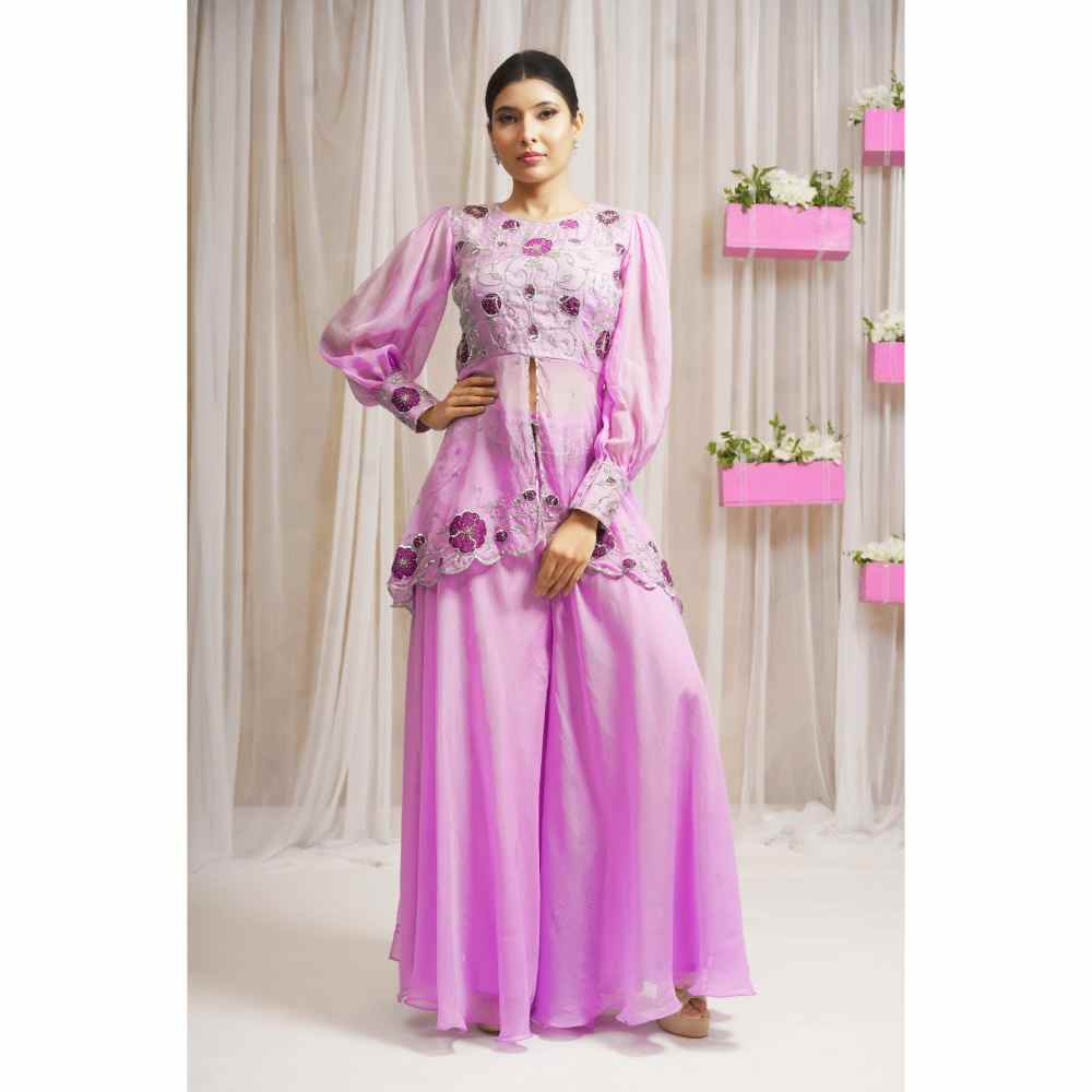 Farha Syed Periwinkle Hand Embroidered Peplum Top with Palazzo (Set of 2)