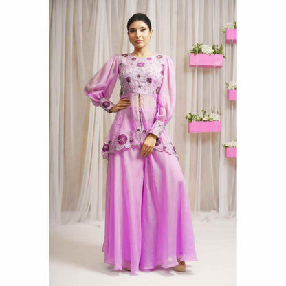 Farha Syed Periwinkle Hand Embroidered Peplum Top with Palazzo (Set of 2)