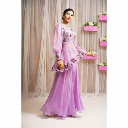 Farha Syed Periwinkle Hand Embroidered Peplum Top with Palazzo (Set of 2)
