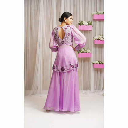 Farha Syed Periwinkle Hand Embroidered Peplum Top with Palazzo (Set of 2)