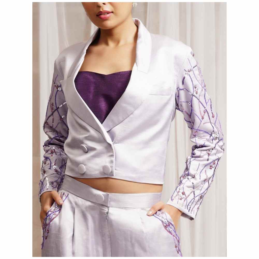 Farha Syed Lavender Hand Embellished Palazzo with Blazer (Set of 3)