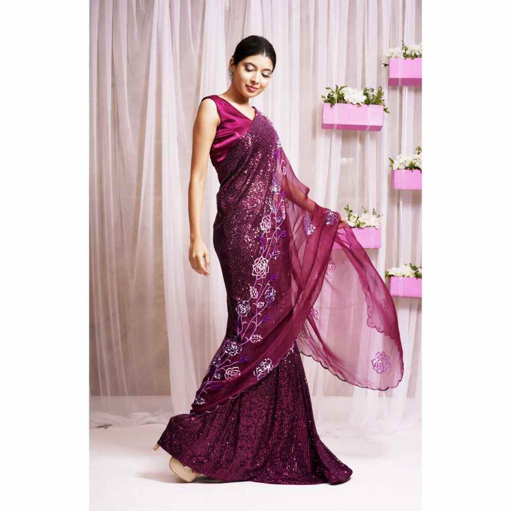 Farha Syed Red Plum Hand Embellished & Saree with Stitched Blouse