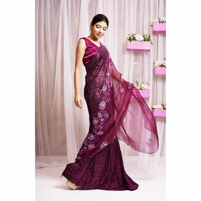 Farha Syed Red Plum Hand Embellished & Saree with Stitched Blouse