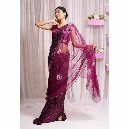 Farha Syed Red Plum Hand Embellished & Saree with Stitched Blouse