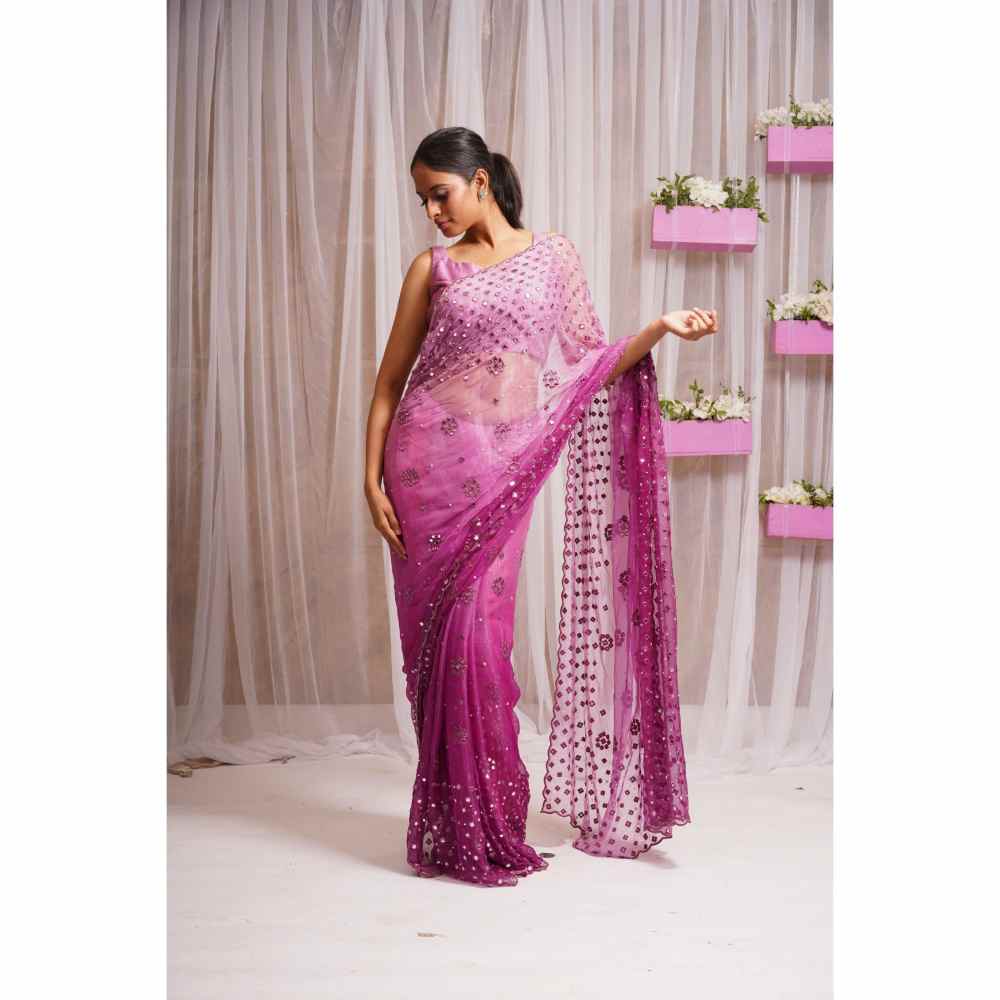 Farha Syed Pink Candy 2 Piece Mirror Work & Saree with Stitched Blouse