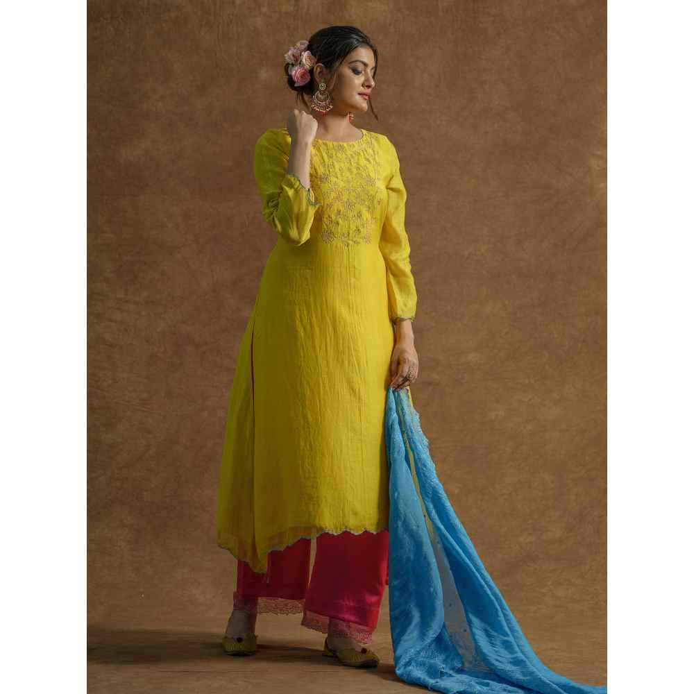 Farha Syed Yellow Embroidered Kurta with Palazzo Pants & Dupatta (Set of 3)