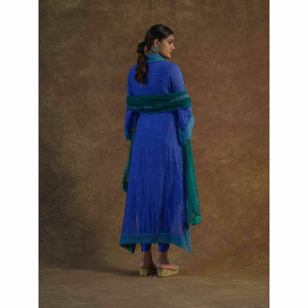 Farha Syed Blue Embroidered Kaftan with Palazzo Pants & Dupatta (Set of 3)