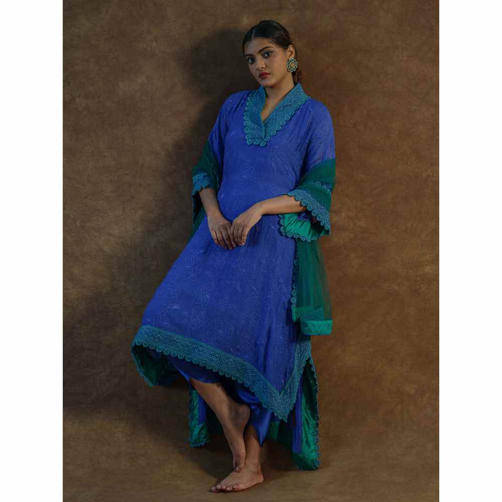Farha Syed Blue Embroidered Kaftan with Palazzo Pants & Dupatta (Set of 3)
