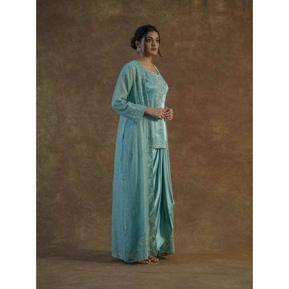Farha Syed Blue Embellished Top with Drape Skirt & Long Shrug (Set of 3)