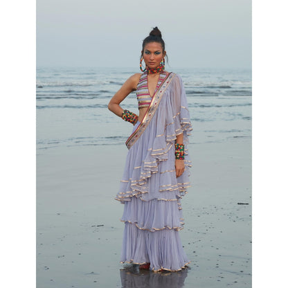 Gopi Vaid Lilac Idris Frill Saree with Stitched Blouse