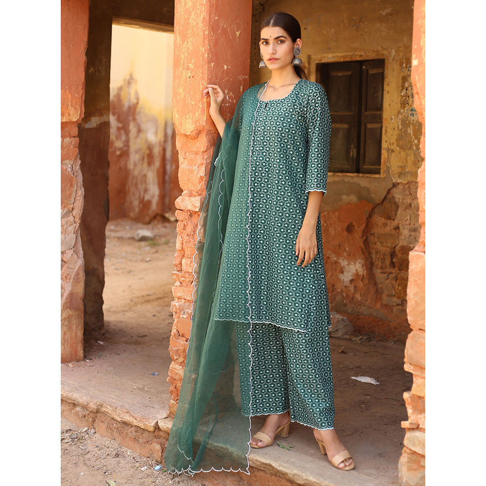 Gulabo Jaipur Green Classic Chikan Kurta With Pant And Dupatta (Set Of 3)