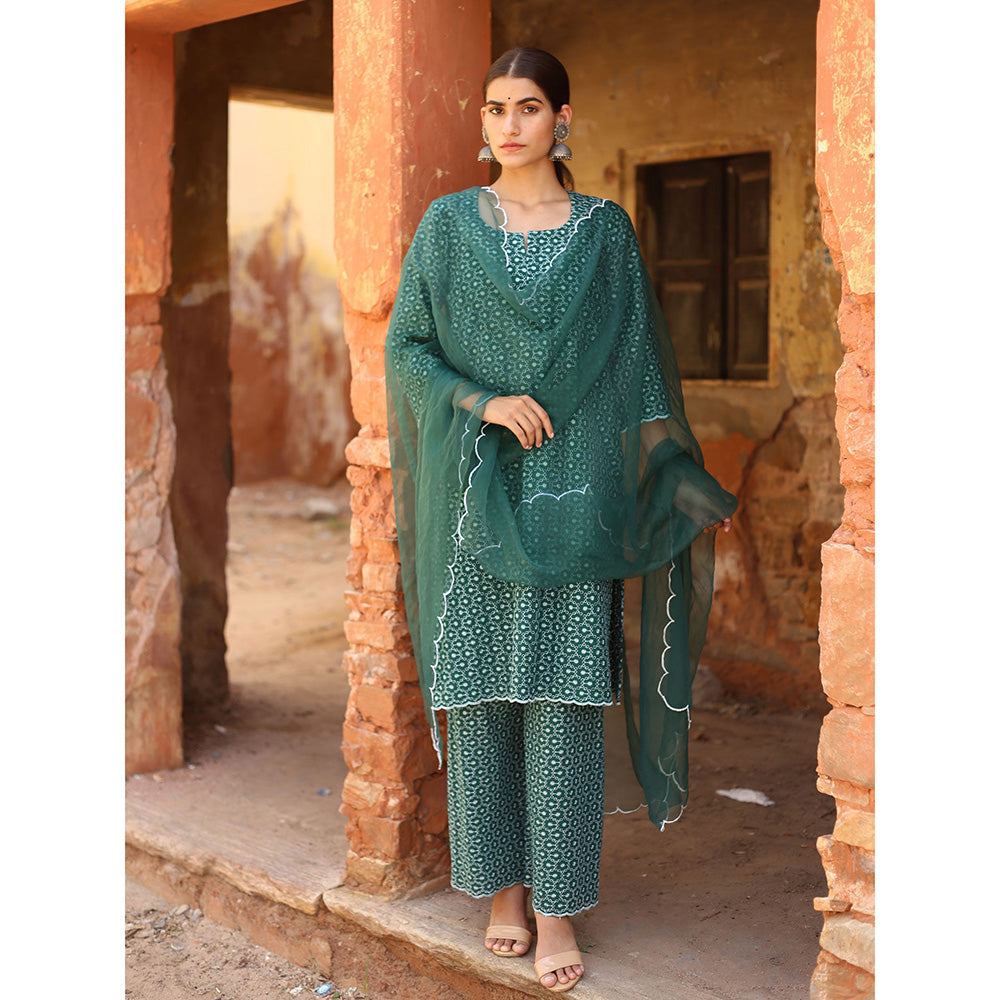 Gulabo Jaipur Green Classic Chikan Kurta With Pant And Dupatta (Set Of 3)