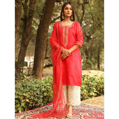 Gulabo Jaipur Red Embroidered Kurta And Pant With Dupatta (Set of 3)
