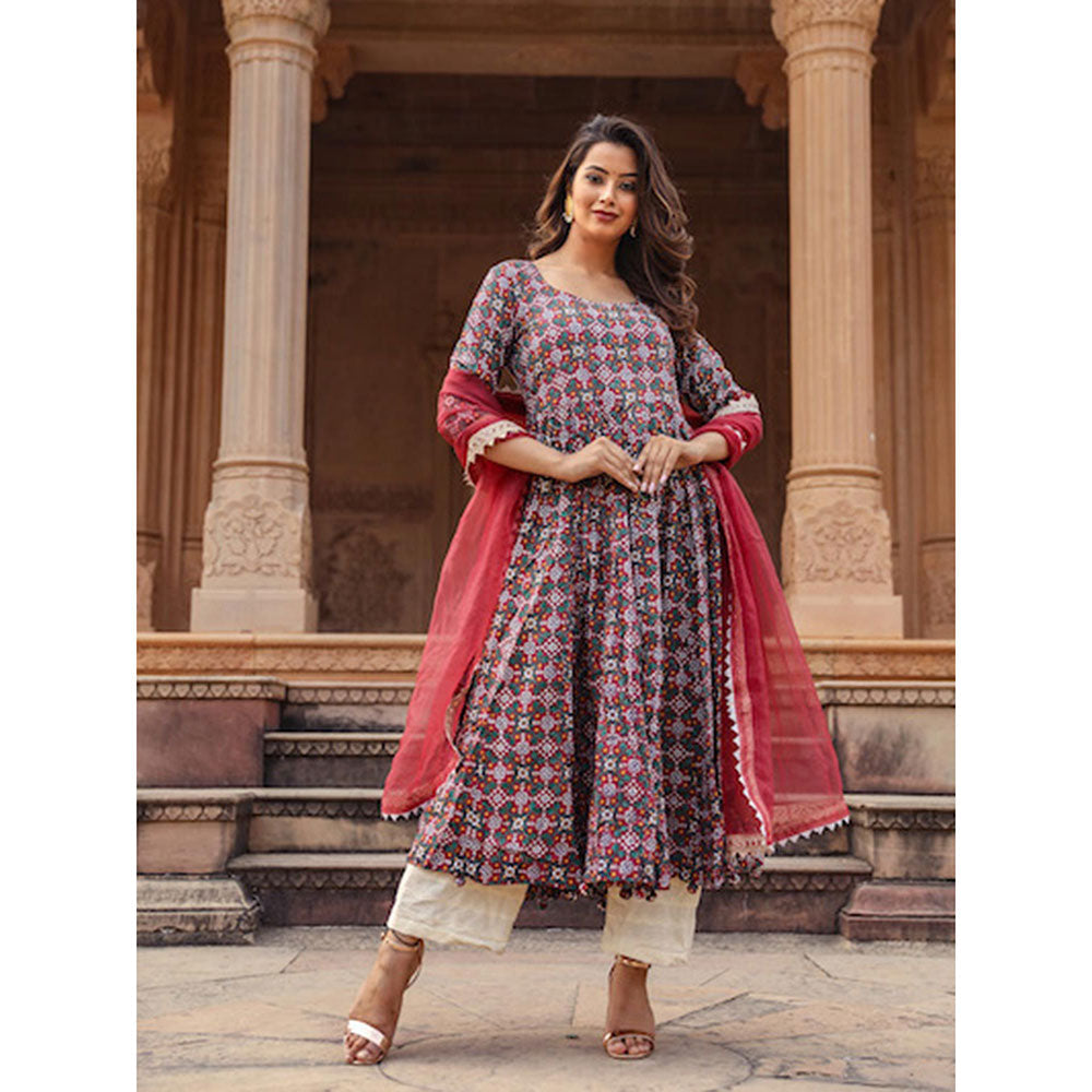Gulabo Jaipur Red Printed Anarkali And Pant With Dupatta (Set of 3)