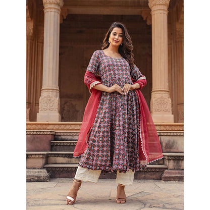 Gulabo Jaipur Red Printed Anarkali And Pant With Dupatta (Set of 3)