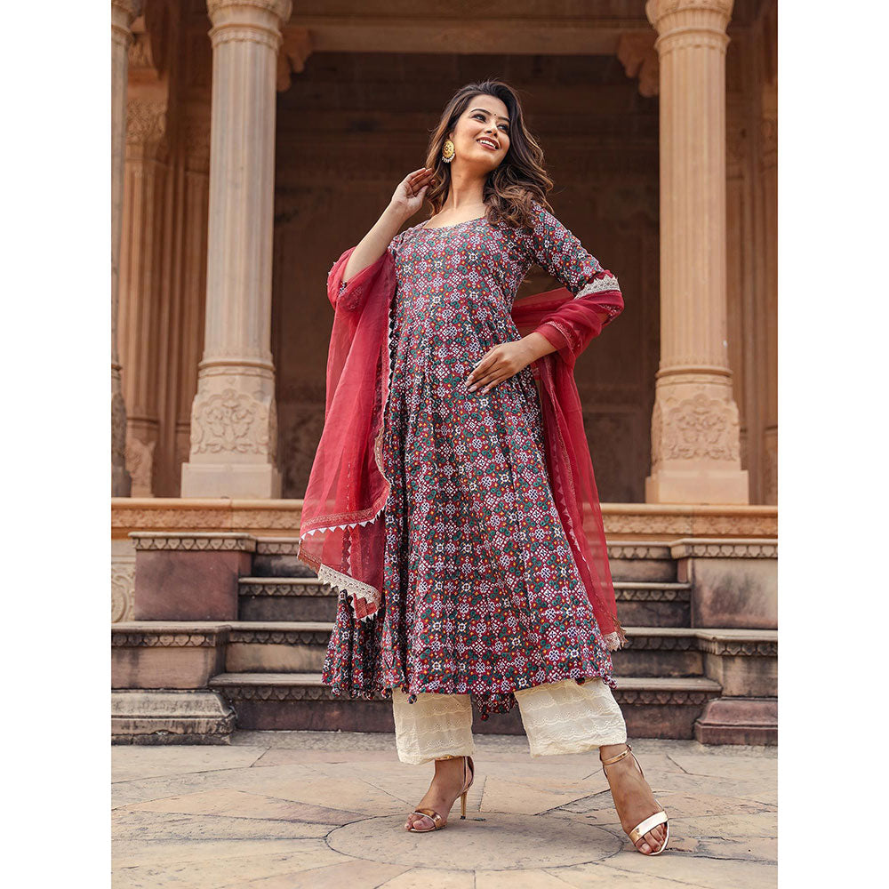Gulabo Jaipur Red Printed Anarkali And Pant With Dupatta (Set of 3)