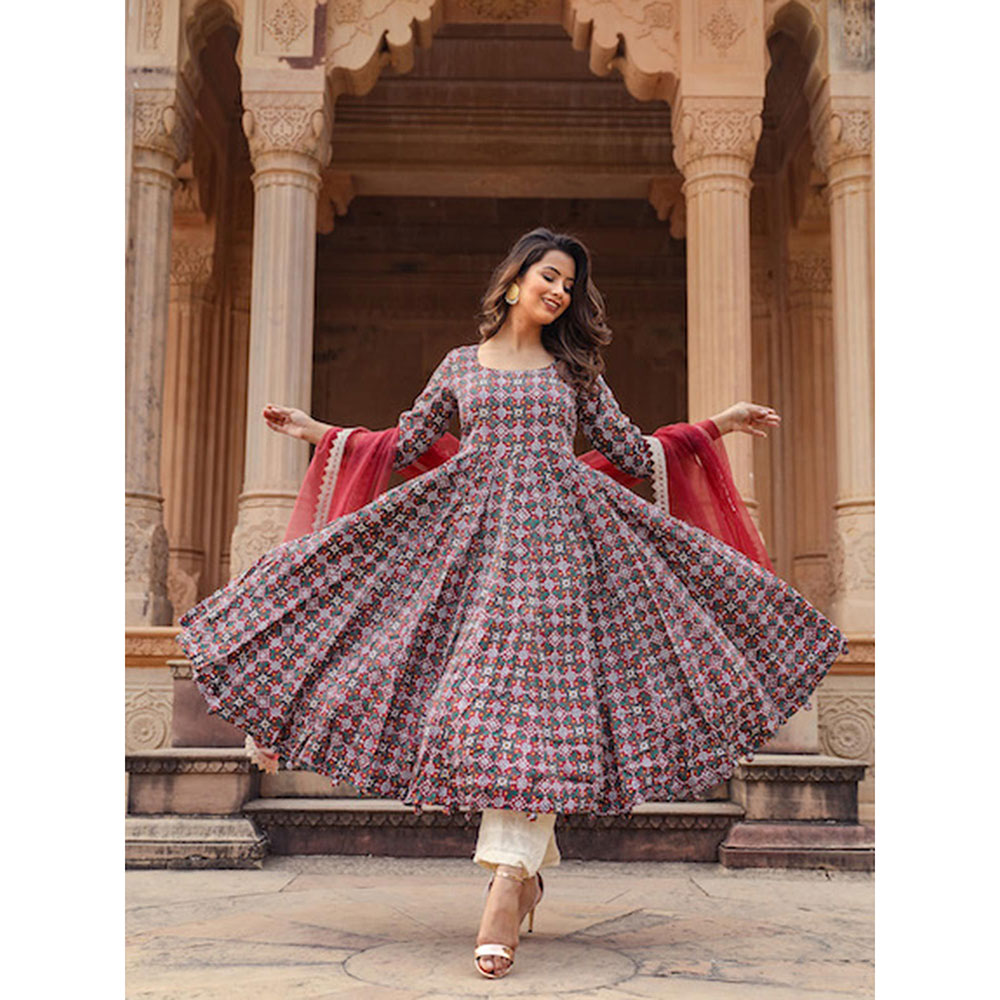Gulabo Jaipur Red Printed Anarkali And Pant With Dupatta (Set of 3)