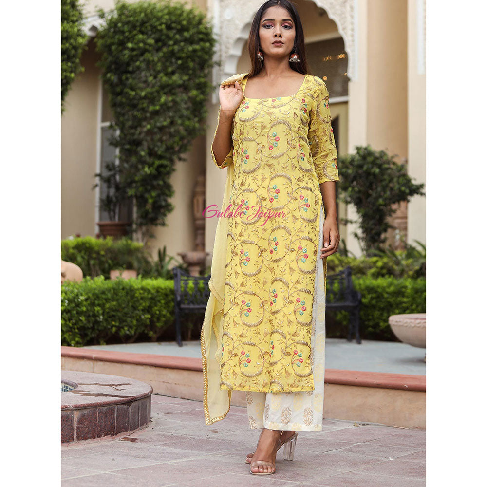 Gulabo Jaipur Yellow Embroidered Kurta And Pant With Dupatta (Set of 3)
