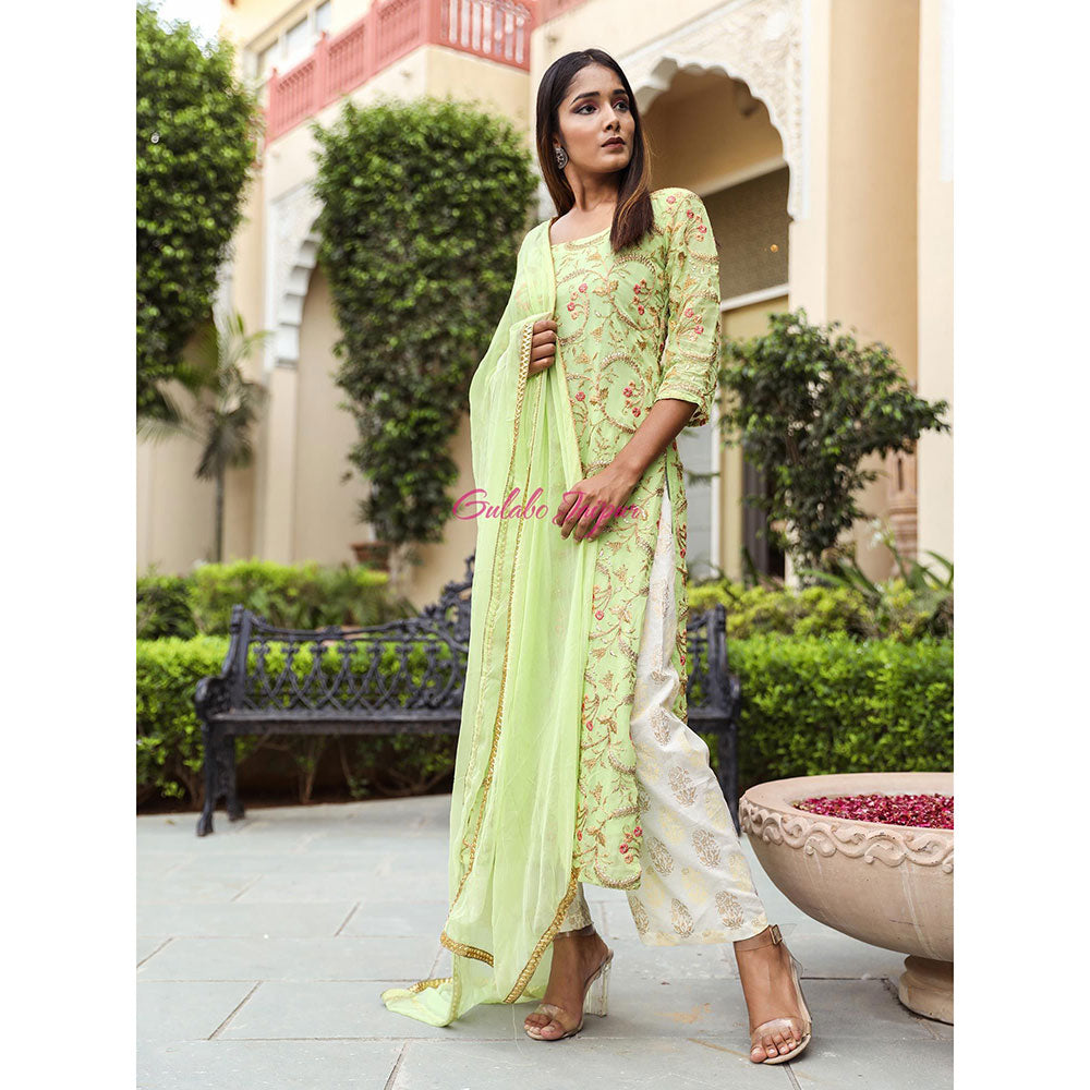 Gulabo Jaipur Green Embroidered Kurta And Pant With Dupatta (Set of 3)
