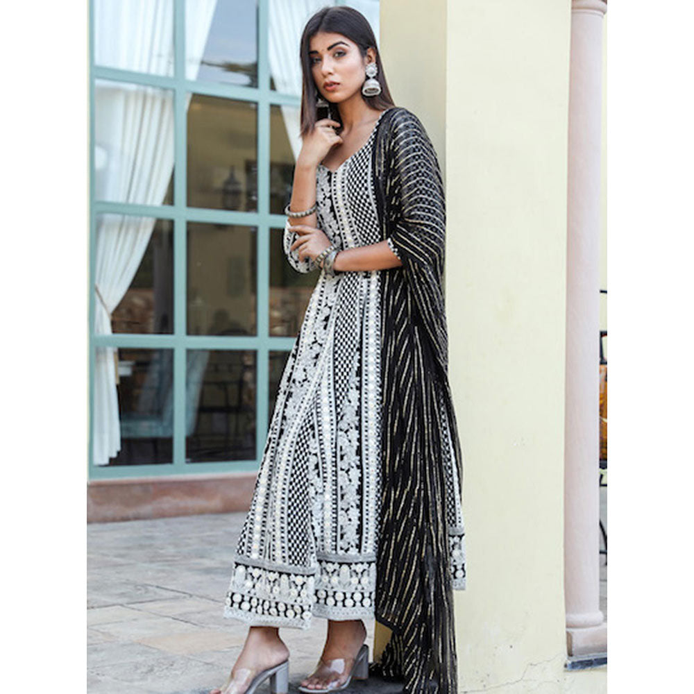Gulabo Jaipur Black Embroidered Anarkali And Pant With Dupatta (Set of 3)