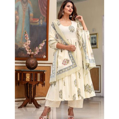Gulabo Jaipur White Printed Anarkali And Pant With Dupatta (Set of 3)