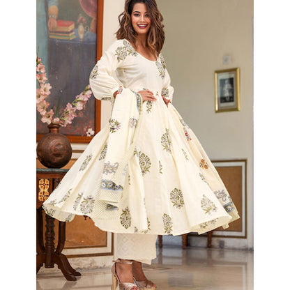 Gulabo Jaipur White Printed Anarkali And Pant With Dupatta (Set of 3)