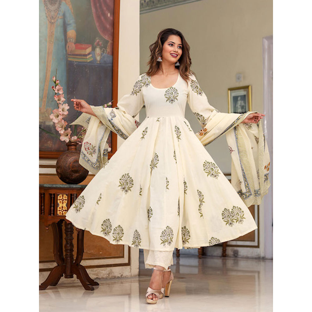 Gulabo Jaipur White Printed Anarkali And Pant With Dupatta (Set of 3)
