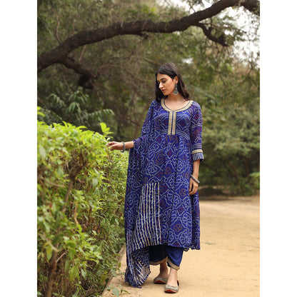 Gulabo Jaipur Sama Blue Anarkali Kurta And Pant With Dupatta (Set of 3)