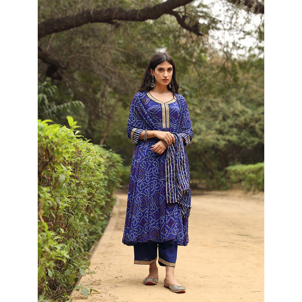 Gulabo Jaipur Sama Blue Anarkali Kurta And Pant With Dupatta (Set of 3)