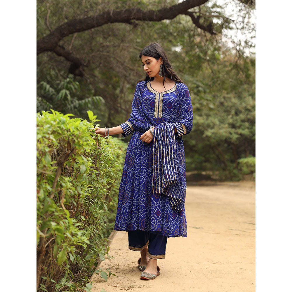 Gulabo Jaipur Sama Blue Anarkali Kurta And Pant With Dupatta (Set of 3)