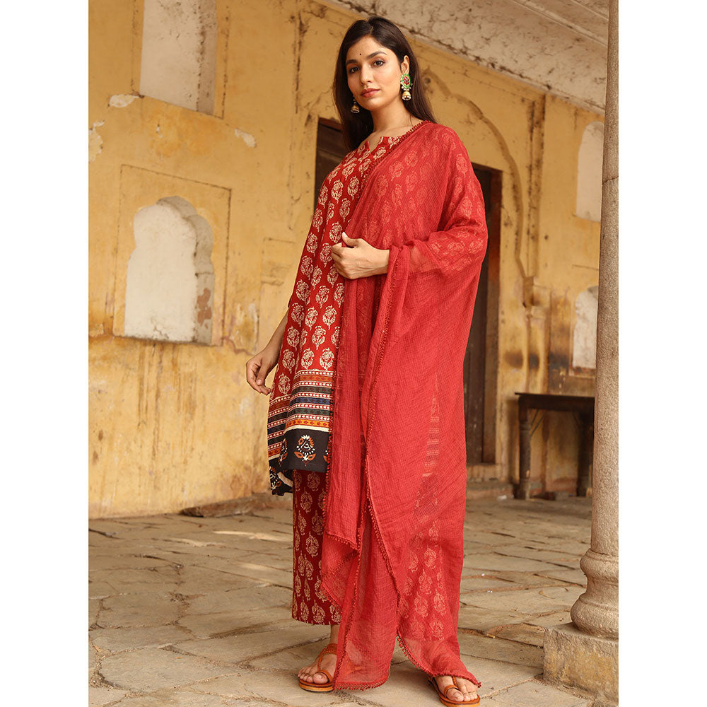 Gulabo Jaipur Red Medha Kurta With Pant And Dupatta (Set Of 3)