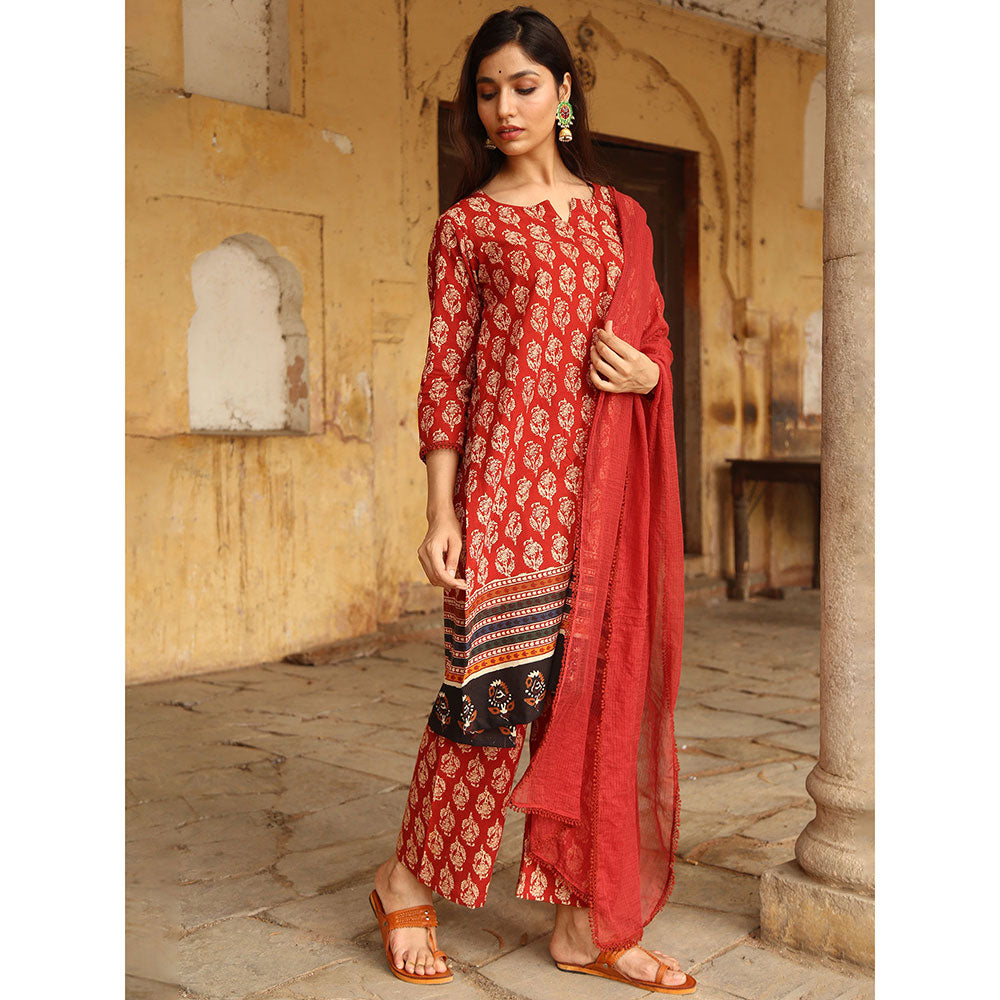Gulabo Jaipur Red Medha Kurta With Pant And Dupatta (Set Of 3)