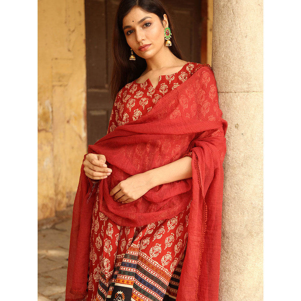 Gulabo Jaipur Red Medha Kurta With Pant And Dupatta (Set Of 3)