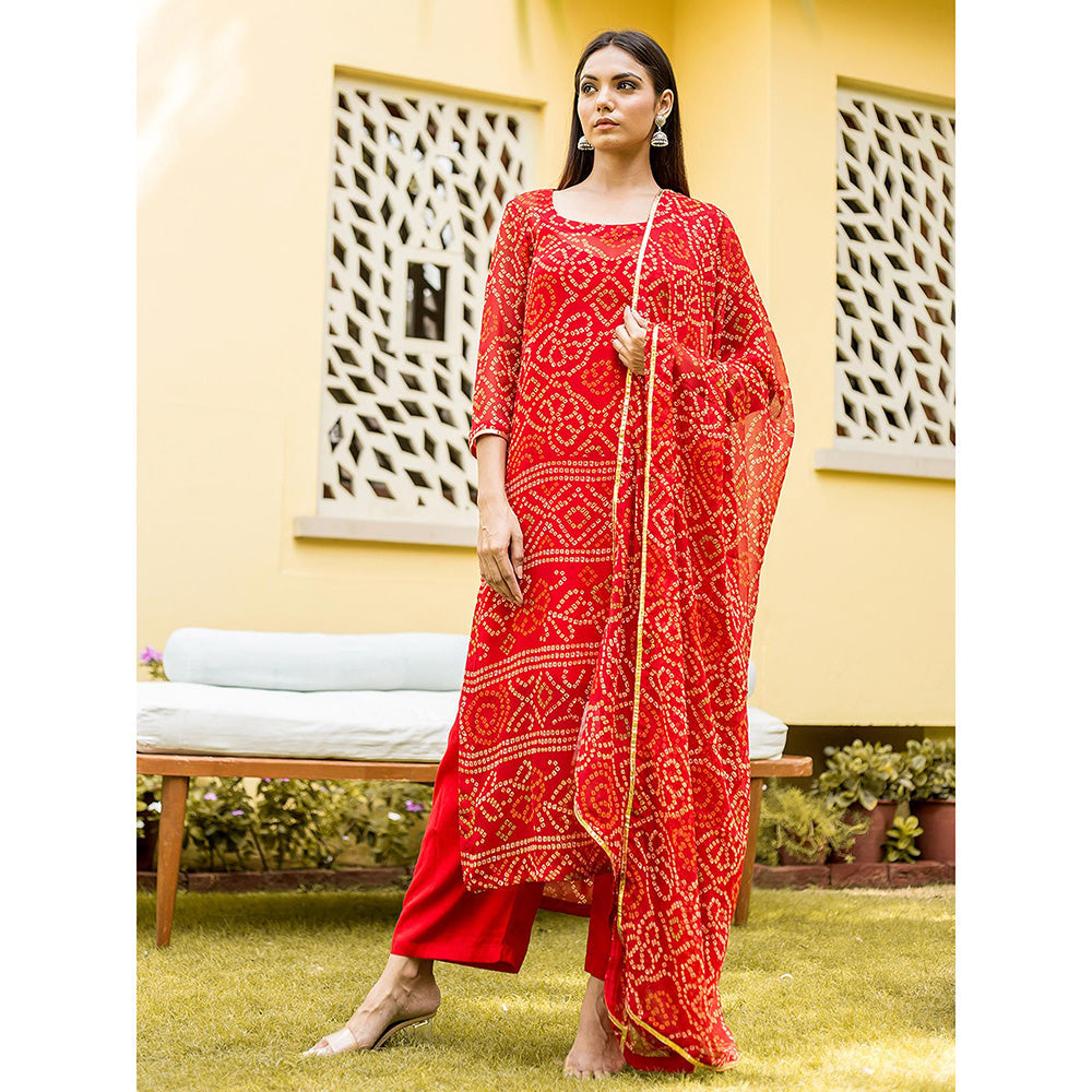 Gulabo Jaipur Red Naaz Straight Kurta With Inner And Pant And Dupatta (Set Of 4)