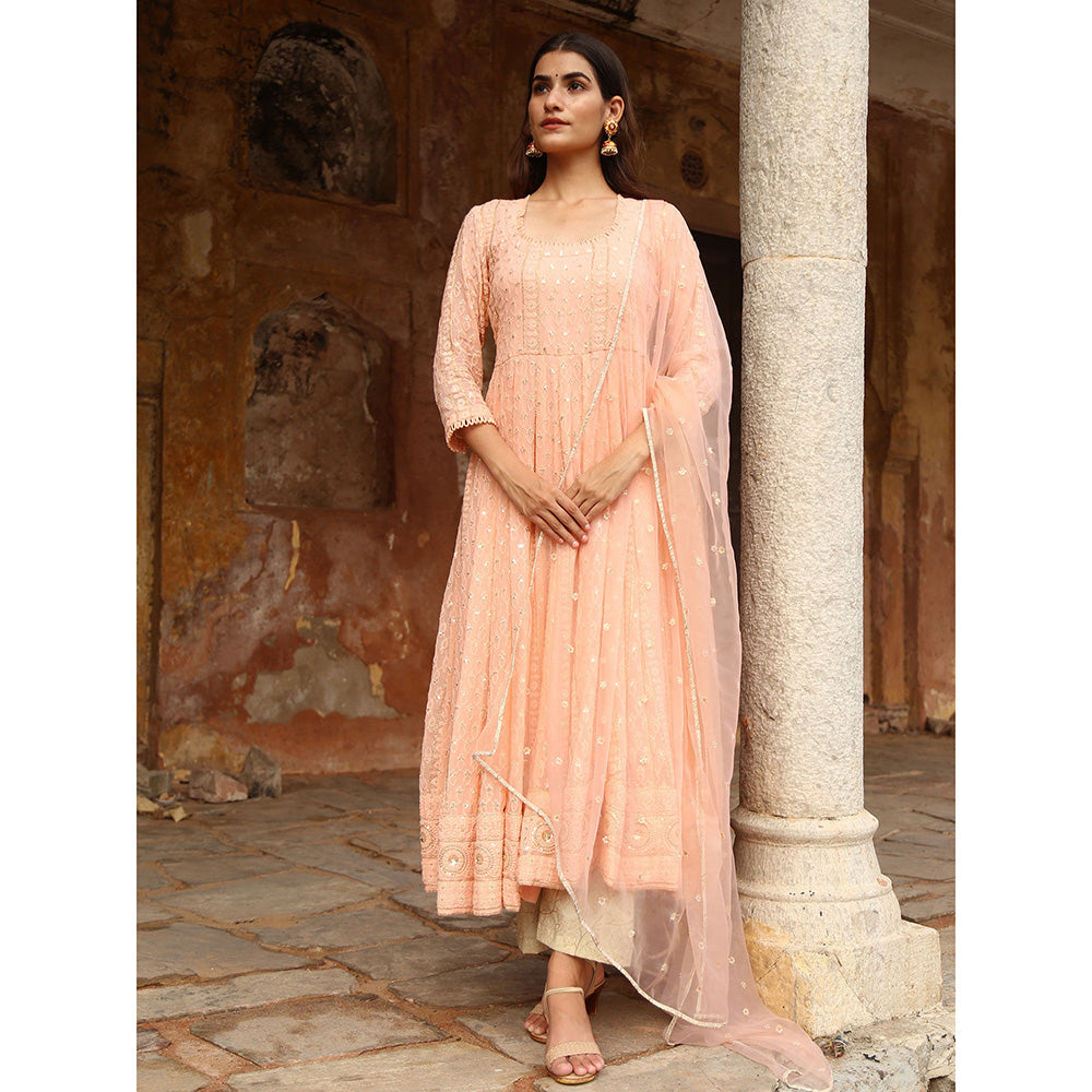 Gulabo Jaipur Peach Nisa Anarkali With Pant And Dupatta (Set Of 3)