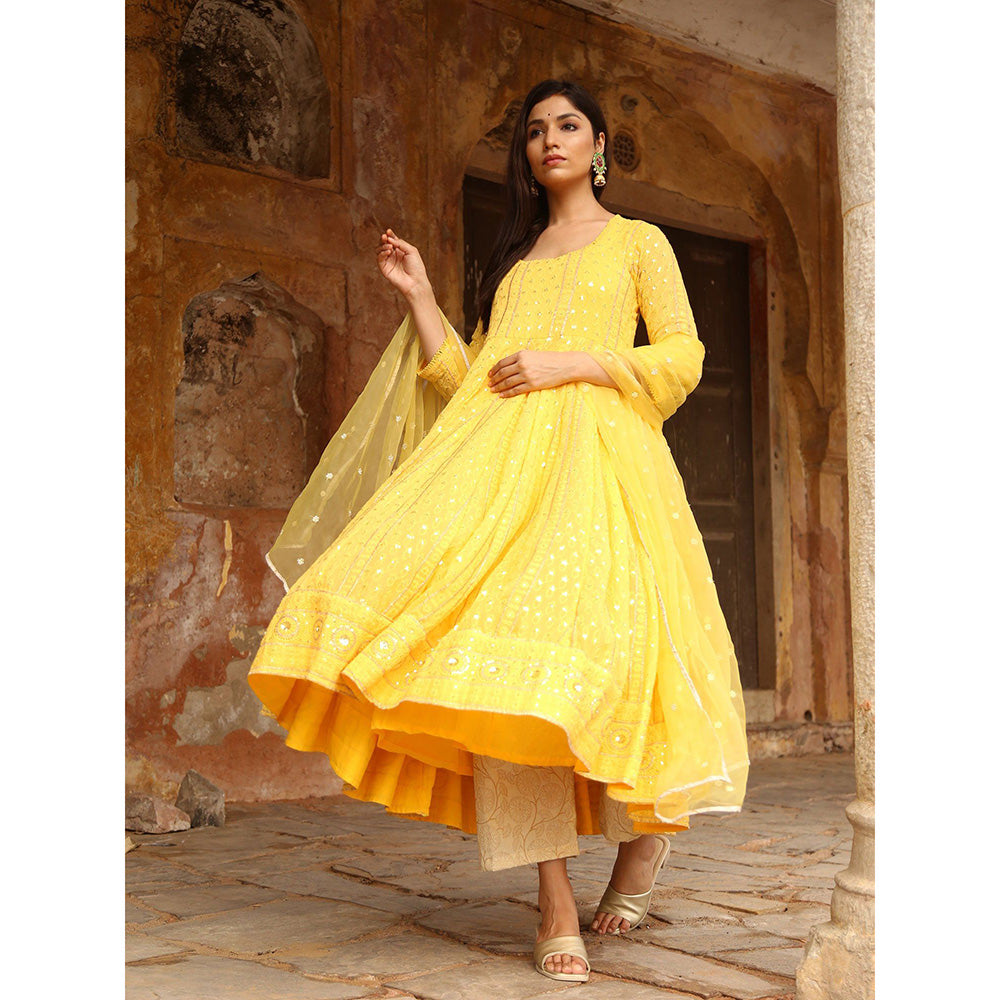 Gulabo Jaipur Yellow Nisa Anarkali With Pant And Dupatta (Set Of 3)