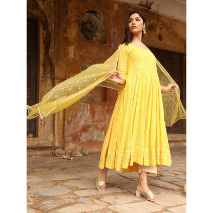 Gulabo Jaipur Yellow Nisa Anarkali With Pant And Dupatta (Set Of 3)