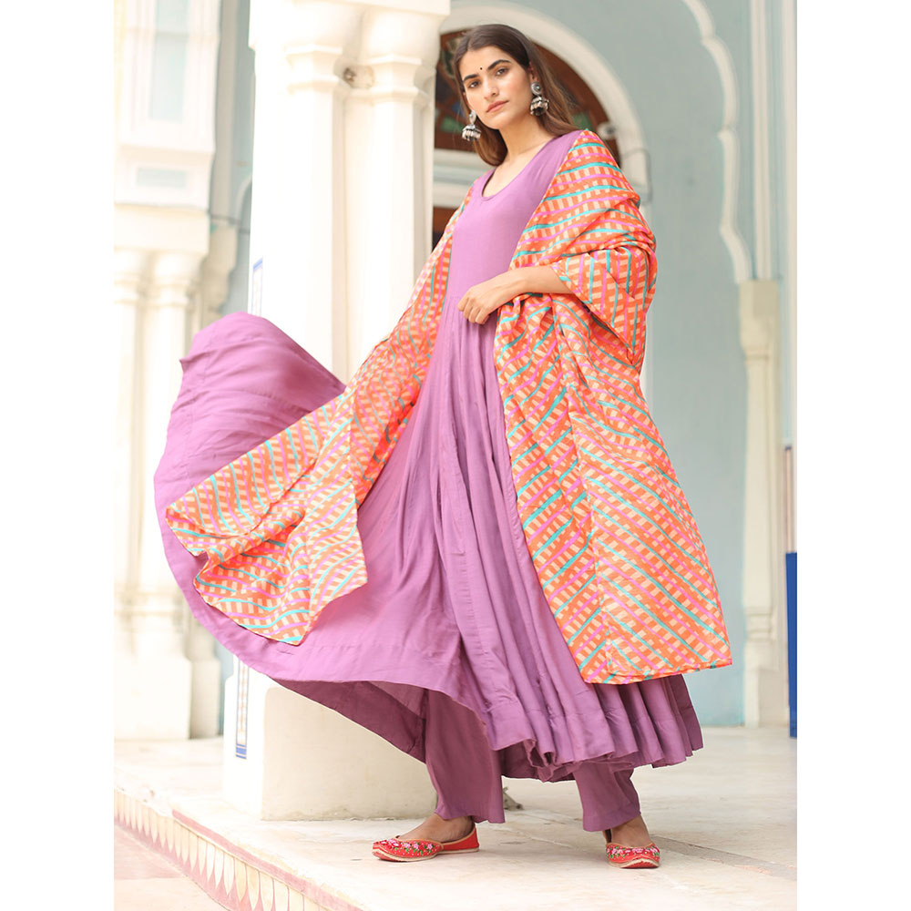 Gulabo Jaipur Purple Rangoli Anarkali With Pant And Dupatta (Set Of 3)