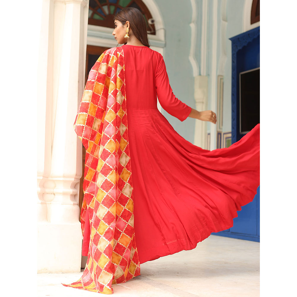 Gulabo Jaipur Red Rangoli Anarkali With Pant And Dupatta (Set Of 3)