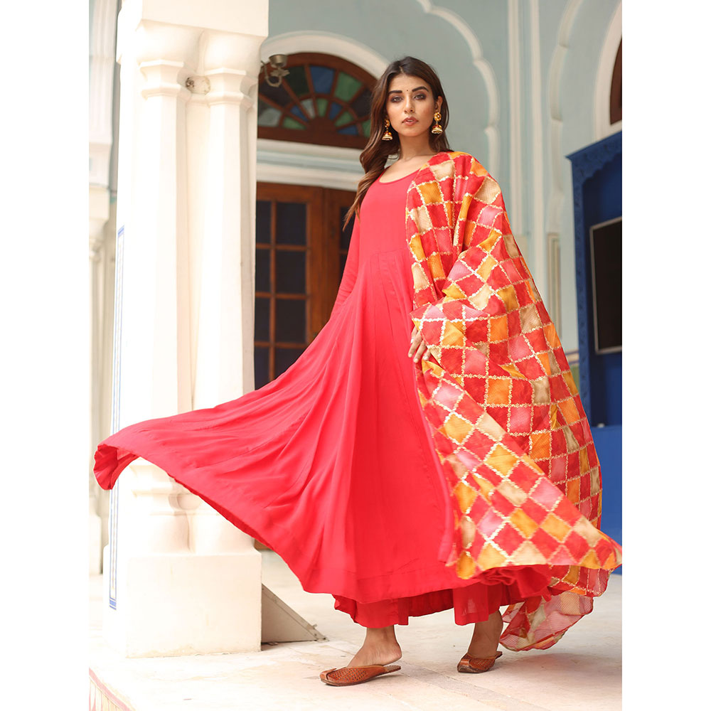 Gulabo Jaipur Red Rangoli Anarkali With Pant And Dupatta (Set Of 3)