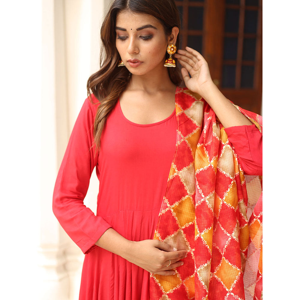 Gulabo Jaipur Red Rangoli Anarkali With Pant And Dupatta (Set Of 3)