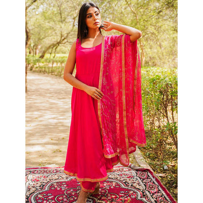 Gulabo Jaipur Nafisa Pink Cotton Rayon Kurta With Pyjama & Taari Dupatta (Set of 3)