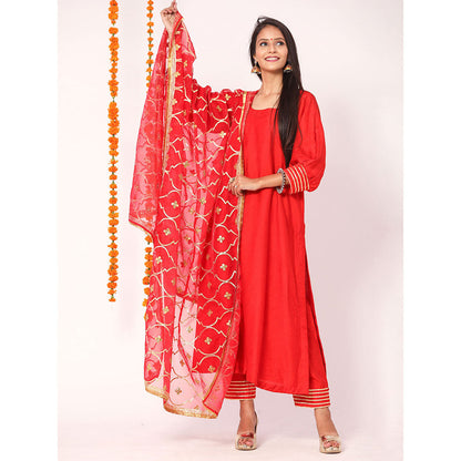 Gulabo Jaipur Red Opada Glass Organza Kurta With Pant & Full Jaal Work Dupatta (Set of 3)