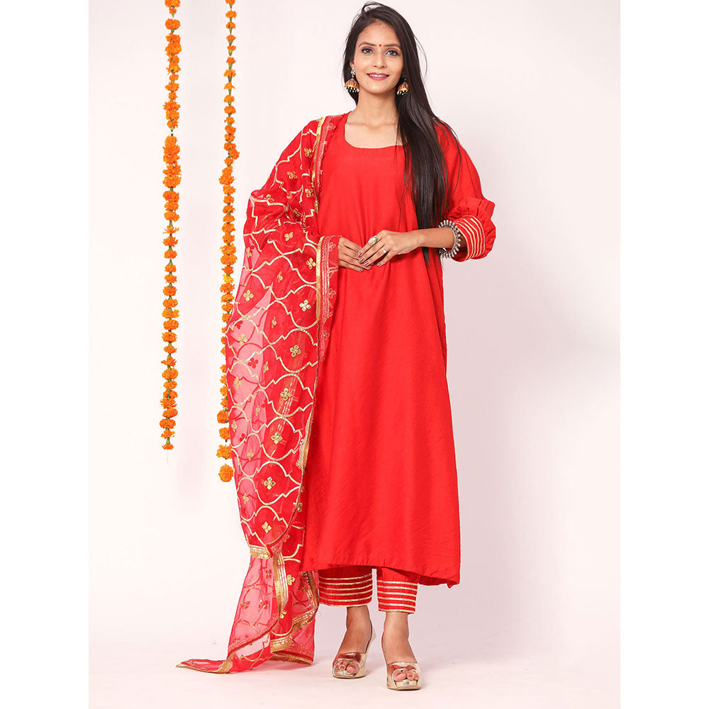 Gulabo Jaipur Red Opada Glass Organza Kurta With Pant & Full Jaal Work Dupatta (Set of 3)