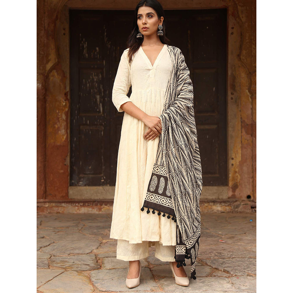 Gulabo Jaipur Maya Off White Chikan Kurta With Pant & Cotton Dupatta (Set of 3)